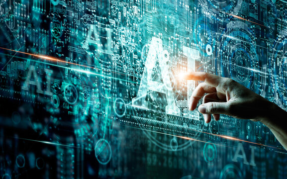 Artificial intelligence and Big data concept, Abstract Hand of human touching AI and machine learning on circuit board and binary data digital background, IoT, Technology and innovative. Stock Photo | Adobe Stock
