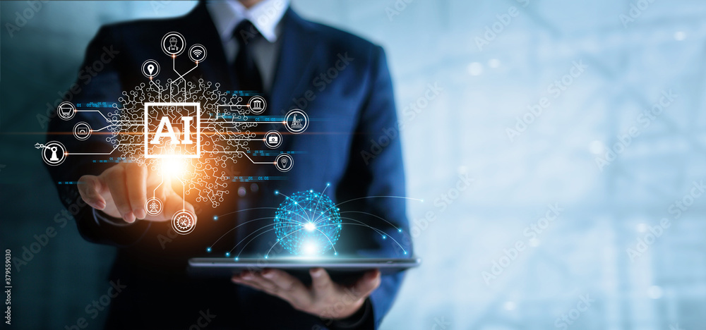 Aufkleber Businessman touching the brain working of Artificial Intelligence (AI) in the futuristic business and coding software development on interface and synchronize network connection, IoT, innovative