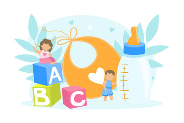 Tiny Toddler Girl and Boy with Big Baby Care Accessories, Baby Products and Toys Cartoon Vector Illustration