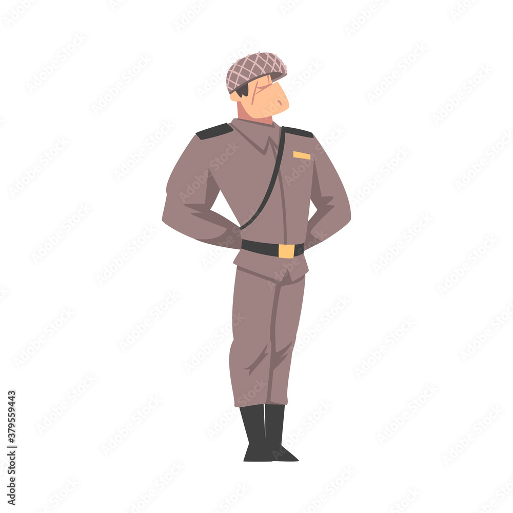 Sticker Army Soldier, Infantry Military Man Character in Gray Uniform and Helmet Cartoon Style Vector Illustration