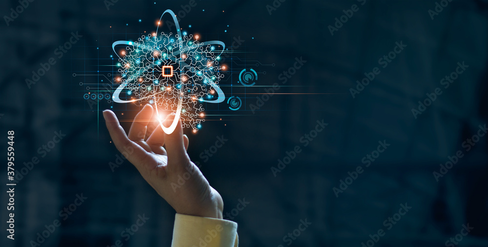 Fototapete Hand touching data of brain and science on network connection, AI, Artificial intelligence, Machine learning, Technology and science.