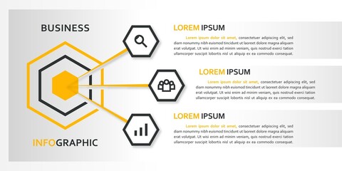 modern business strategy infographic vector design with 3 options, hexagon shape and white background
