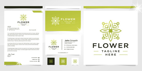 a collection of complete logo branding for business, company, corporate. rose mandala logo in green. Modern logo design with line style.