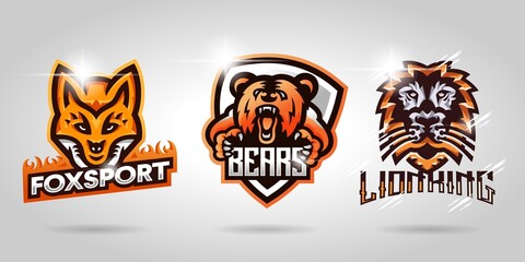 A collection of fox, bear, lion sports mascot character logo designs. Great for e-sport gaming, basketball, soccer, etc.