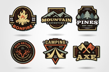 collection of vintage and retro camping badge logo designs in forest. including bonfires, mountains, pine trees, deer antlers, tents, axes