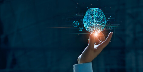 Hand touching brain of AI, Symbolic, Machine learning, artificial intelligence of futuristic technology. AI network of brain on business analysis, innovative and business growth development. - obrazy, fototapety, plakaty