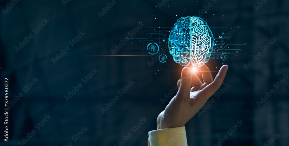 Poster Hand touching brain of AI, Symbolic, Machine learning, artificial intelligence of futuristic technology. AI network of brain on business analysis, innovative and business growth development.