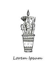 Composition with  cute hand drawn art tools including pencils; pens; brushes and others. Vector hand drawn art collection