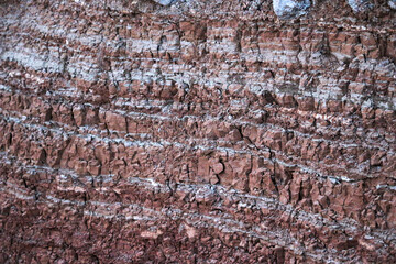 textures of various clay layers underground in  clay quarry after  geological study of  soil. colored layers of clay and stone in  section of  earth, different rock formations and soil layers.