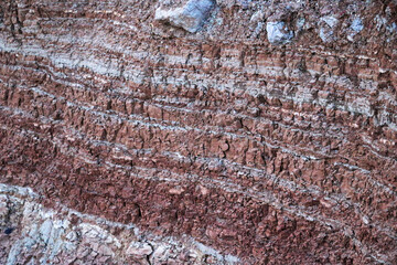 textures of various clay layers underground in  clay quarry after  geological study of  soil. colored layers of clay and stone in  section of  earth, different rock formations and soil layers.