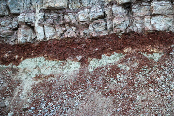 textures of various clay layers underground in  clay quarry after  geological study of  soil. colored layers of clay and stone in  section of  earth, different rock formations and soil layers.