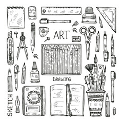 Set of cute hand drawn drawing tools including pencils; pens; watercolor; eraser; pastel; brush; and others. Vector hand drawn art collection