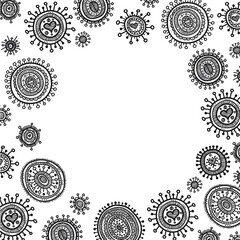 Frame with cute hand drawn ornamental snowflaks. Doodle style. Vector