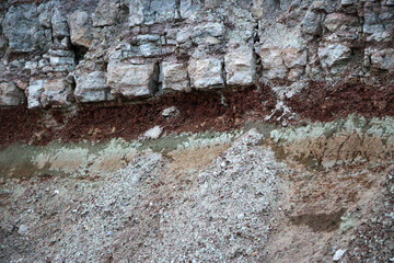 textures of various clay layers underground in  clay quarry after  geological study of  soil. colored layers of clay and stone in  section of  earth, different rock formations and soil layers.