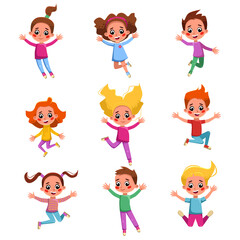 Boys and Girls Happily Jumping Set, Cute Adorable Preschool Kids Having Fun or Celebrating Holidays Cartoon Style Vector Illustration