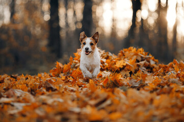 dog in yellow leaves. jack russell terrier in nature in autumn park