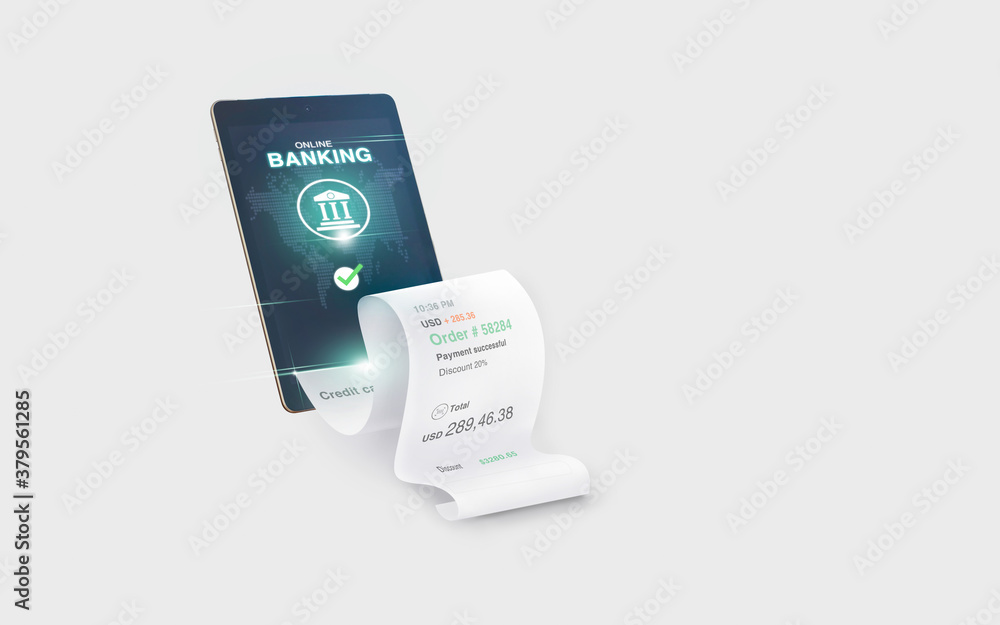 Poster concept of online banking and payment, successful payment information on mobile smartphone via onlin