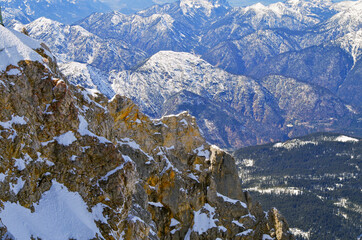 Breathtaking scenic landscape Alpine mountain range view from observation platform on top of...