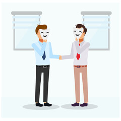 Businessman Shaking Hands With Partner Hiding Behind Mask.Insincere, Business concept cartoon character illustration vector