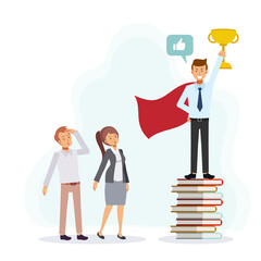 Vector flat cartoon character illustration of Businessman is standing on the top of the book holding trophy.Win a prize of education and knowledge.