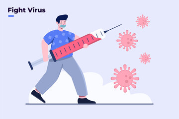 Vector flat illustration Fight against coronavirus Covid-19 with people hold vaccine injection. Stay home stay safe. Covid-19 go away concept. End of Covid-19 coronavirus pandemic illustration.