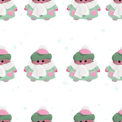 Cute little cartoon animal in winter clothes in snow seamless pattern. Vector illustartion in pastel green and pink color for games, background, pattern, decor. Print for fabrics and other surfaces.