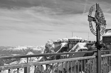 Breathtaking scenic landscape Alpine mountain range view from observation platform on top of...