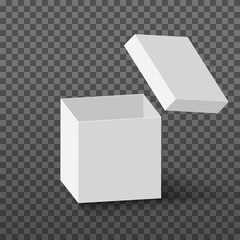 White open box mock up. Realistic vector cardboard cube with flying lid. Empty package surprise blank box.