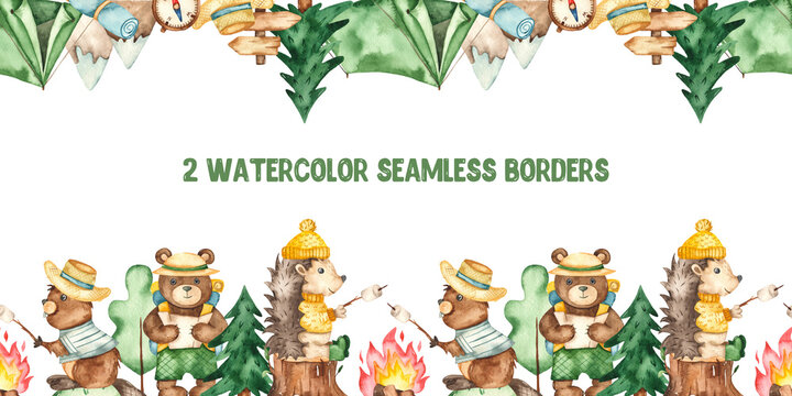 Watercolor seamless borders with camping, animals, tent, campfire