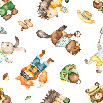Camping watercolor seamless pattern with animals, fox, hedgehog, beaver, bear, rabbit on white background