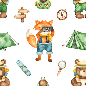 Camping watercolor seamless pattern with bear traveler, fox photographer, tent, backpack on white background