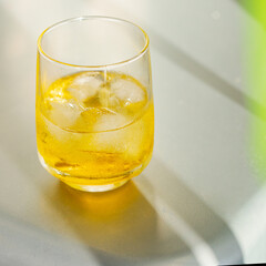 Refreshing cocktail with  ice on white background with palm tree leaf.