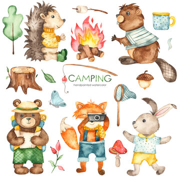 Camping watercolor set with beaver, rabbit, fox, bear traveler, hedgehog, bonfire, tree stump