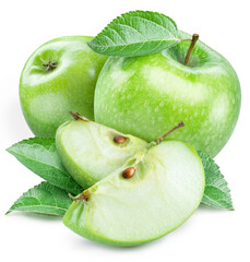 Green apples with leaves and apple slices isolated on a white background. Clipping path.