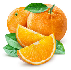 Orange fruits with leaves and orange slices isolated on a white background. Clipping path.