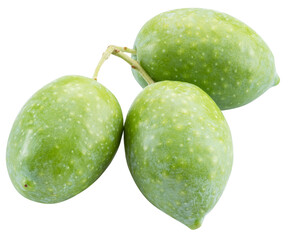 Three green natural olives isolated on a white background.