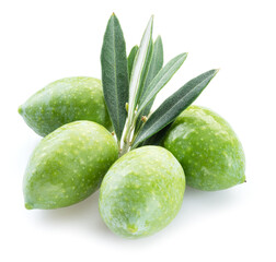 Green natural olives with leaves isolated on a white background.