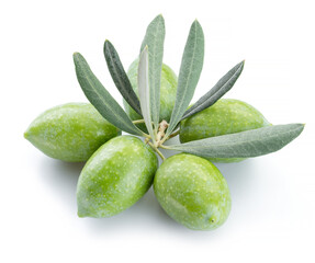 Green natural olives with leaves isolated on a white background.