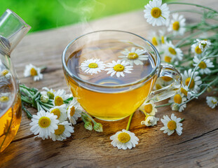 Fototapeta na wymiar Herbal chamomile tea and chamomile flowers near teapot and tea glass on wooden table. Countryside background.