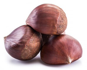 Raw peeled edible chestnut fruits isolated on white background.