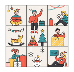 People are holding gift boxes. Square frame. flat design style minimal vector illustration.