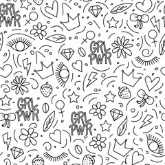 Vector seamless black and white pattern with icon and hand-lettering phrases related to girl power and feminist movement - brilliant, crown, star, etc.Abstract background for prints, t-shirts, cards