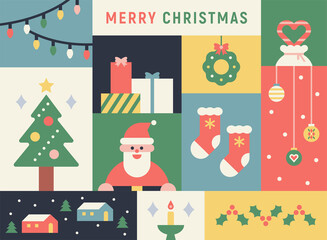 Christmas symbols in a square frame puzzle. flat design style minimal vector illustration.