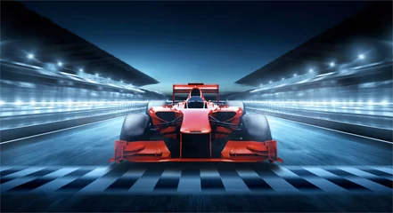 Poster Autocoureur passeert het eindpunt en bewegingsonscherpte achtergrondgeluid. 3D-weergave © Image Craft