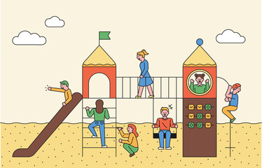 People are playing on the playground. flat design style minimal vector illustration.