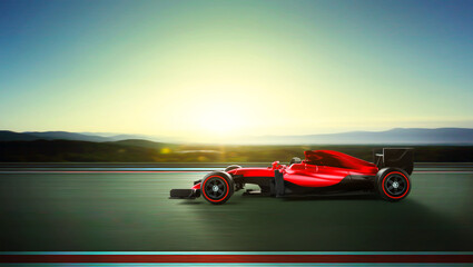Race car racing at high speed with motion blur on the background during sunrise. 3D rendering