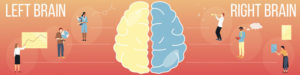 Human Brain Parts Difference Concept. Find Your Dominant Hemisphere. Analytical, Methodical Right Part Against Creative, Artistic Left. Human Left Vs Right Brain Parts. Flat Style Vector Illustration