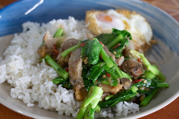 Rice, Kale, Crispy Pork, Thai Food