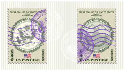 Postage stamps dedicated to the Great Seal of the United States. Guilloche mesh obverse and reverse. Adopted in 1872 EPS10