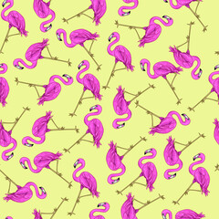 Realistic pink flamingo seamless pattern. Cartoon vector illustration on yellow background for games, background, pattern, decor. Print for fabrics and other surfaces.